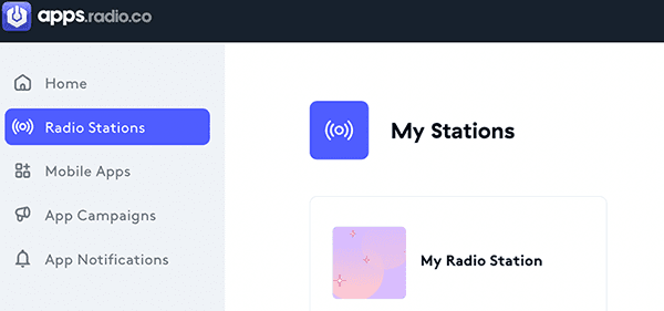Image is a screenshot from the Radio.co app builder, listing the radio stations on an account.