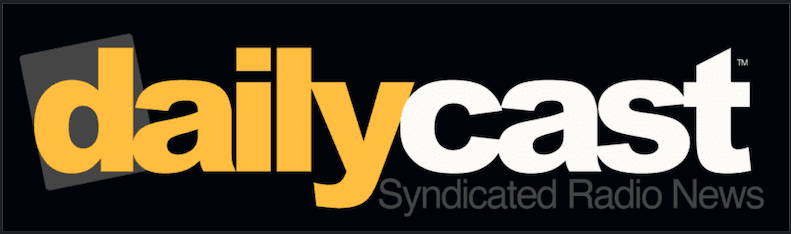 Image is a banner logo for Dailycast. Featuring a black background, the word "daily" in yellow font, and the word "cast" in white font.