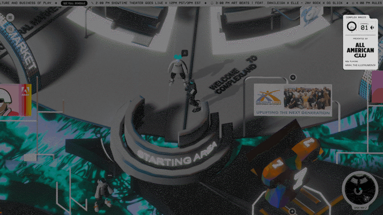 Image shows a screenshot from ComplexLand whereby an avatar is choosing a radio station