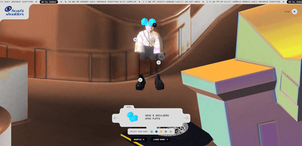 Image shows a screenshot from ComplexLand showing a festival goer avatar