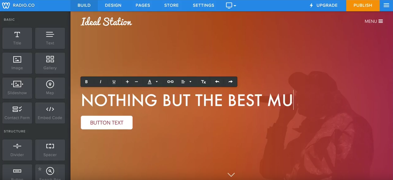 This is an example of how editing and adjusting a homepage would appear. It shows a purpley orange backdrop of a performer singing into a mic. On the left are Text and Photo Editing options.