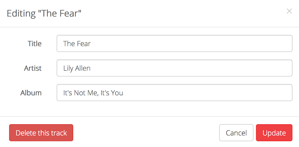 This is a screenshot of Track Editing, a white screenshot with Title, Artist and Album options in black. The sample track is