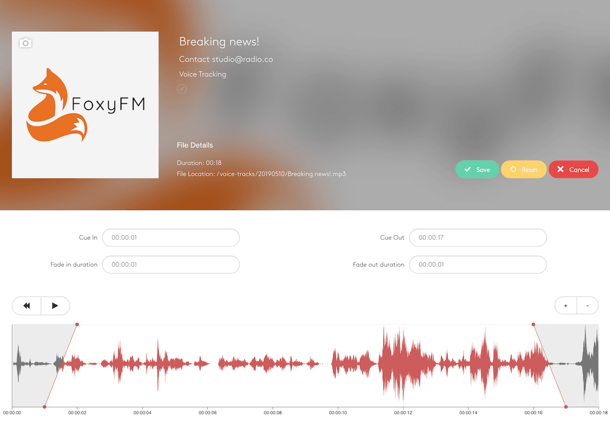 Image is a screenshot from the Radio.co dashboard showing the editing options for voice tracking.