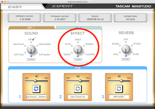 Image is a screenshot from the Tascam MiniStudio Creator US-42 app showing some effects that can be applied.