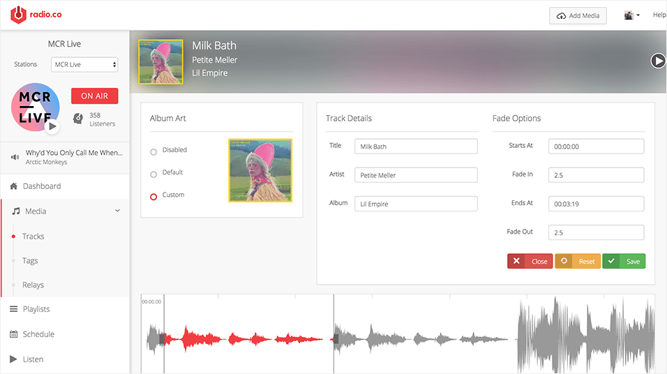 This is a white and red screenshot of the radio.co station dashboard, during the process of Embedding Album Art In Mp3 Files