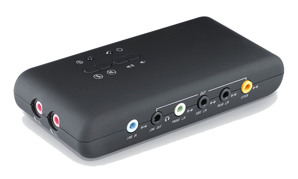 This is an image of an External 7.1 Surround Soundcard against a plain white backdrop. The side has two red inputs, and the back has six. This is a small black rectangle with rounded edges.