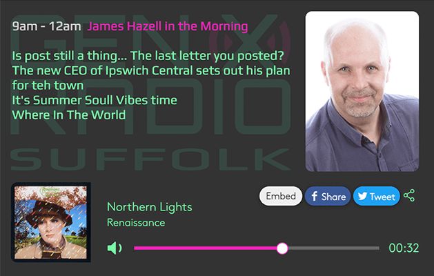 Image shows a screenshot the Gen X radio player with social media share and embed buttons on display.