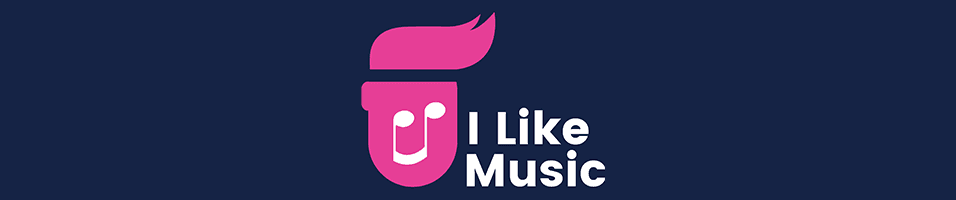 This is a navy blue backdrop with a pink illustrated head with hair, and a white music note upside down in the centre of it. It reads I Like Music.