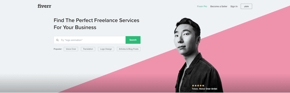 Image shows a screenshot of the homepage for the website Fiverr.