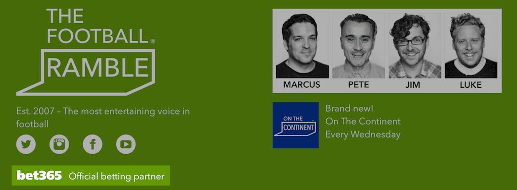 Image shows artwork for The Football Ramble podcast, including the Bet365 sponsor.