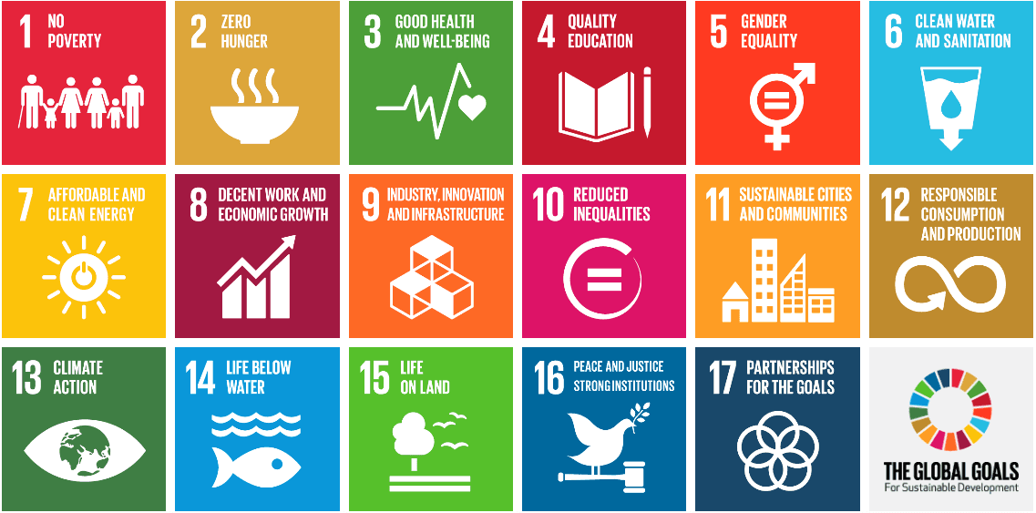 Image is an illustrated display showing the 17 goals in The Global Goals. Each goal has a different coloured square, making up a multicoloured grid, and has white text stating the goal as well as a white illustration representing it.