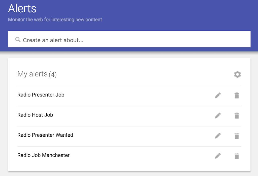 Image shows a list of set-up alerts for prospective jobs like "Radio Host" and "Radio Presenter"