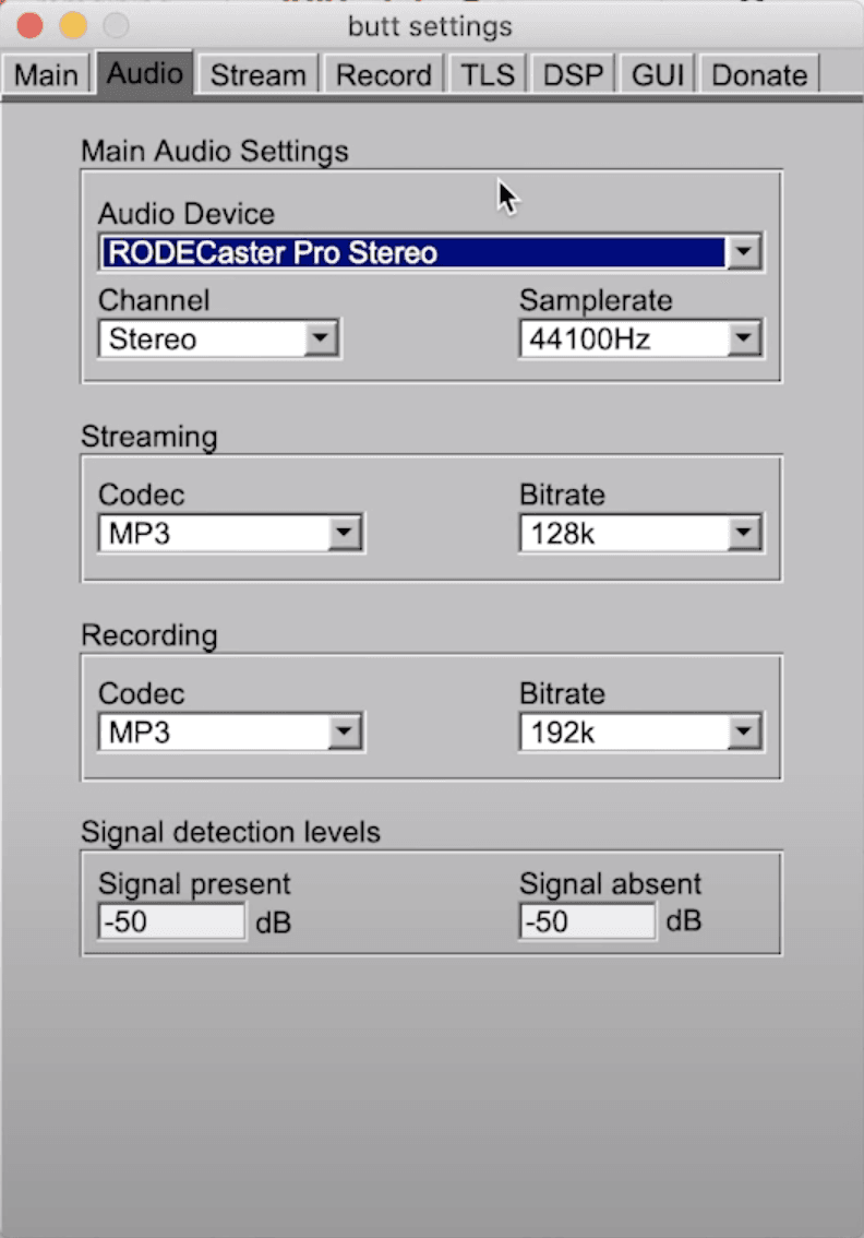Image shows the Audio Settings window within the broadcasting software, BUTT.