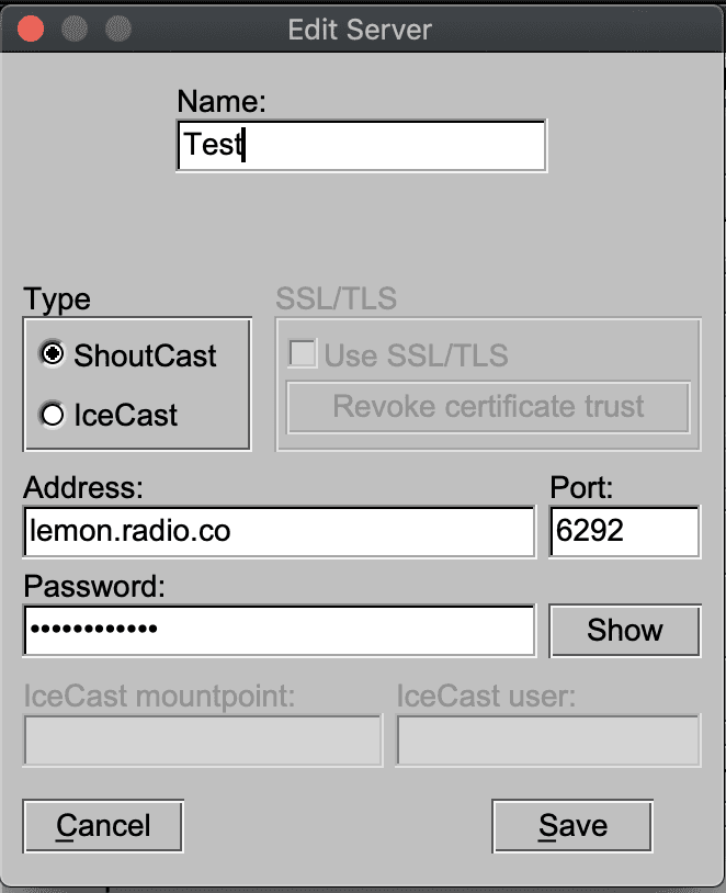 Image shows the software BUTT's server settings window.