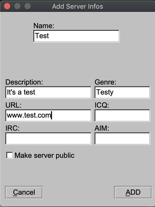 Image shows the server info window in the broadcasting software, BUTT.