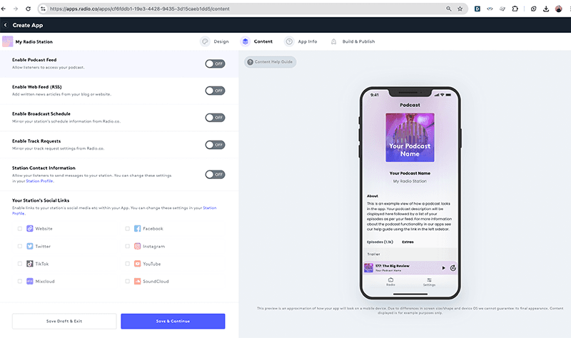 Image shows the Radio.co app builder on the content settings tab.