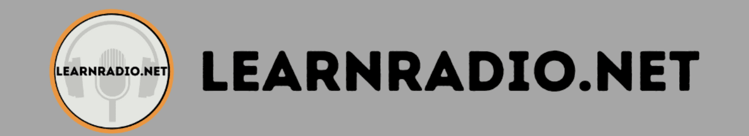 Image shows the logo for LearnRadio.net: A grey background, a circular logo with headphones and microphone and block text that reads "LEARNRADIO.NET"