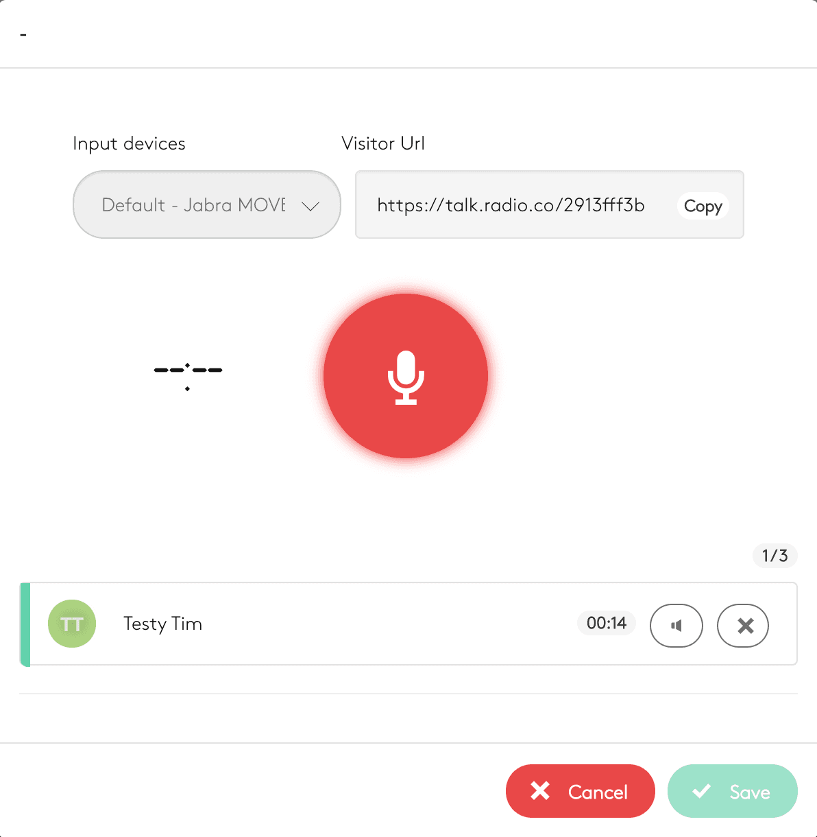 Image is a screenshot from the Radio.co dashboard, showing the voice tracking screen.