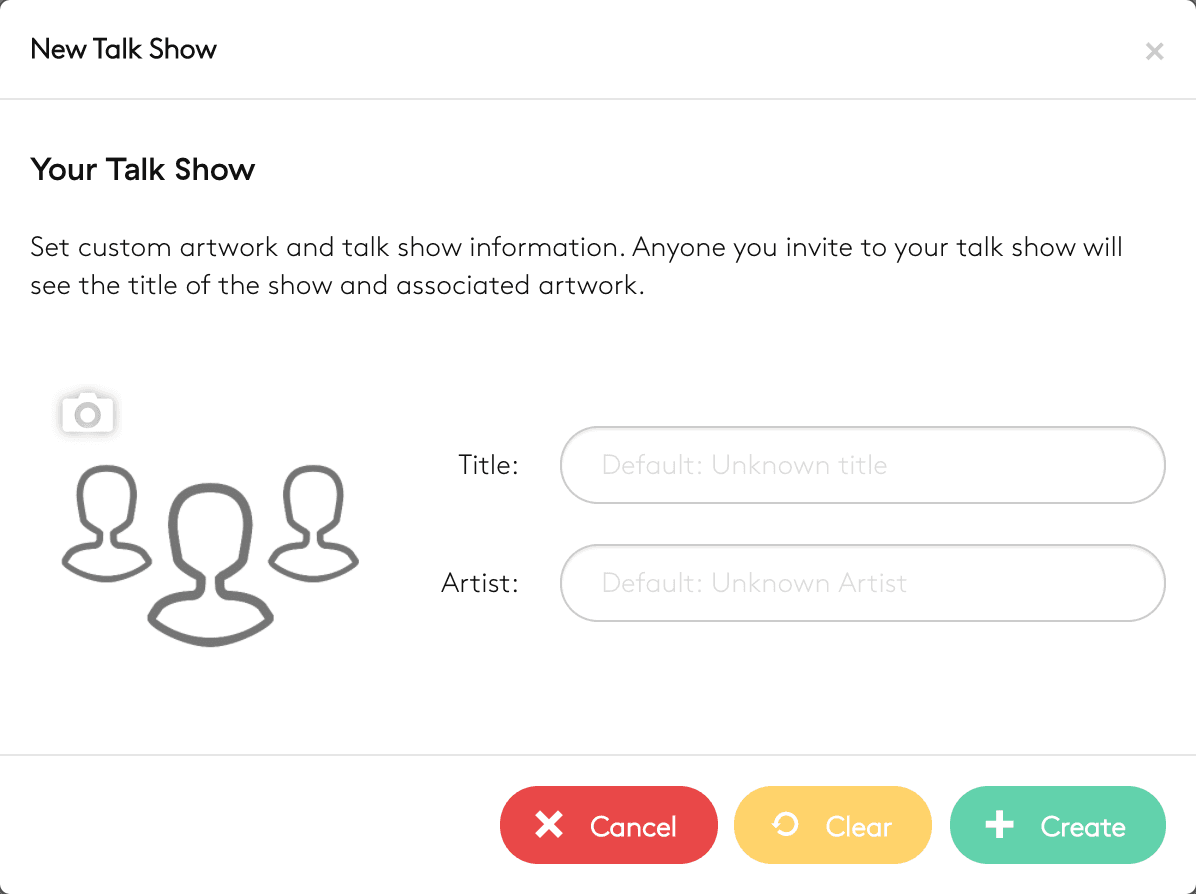 Image is a screenshot from the Radio.co dashboard showing the Talk Show Settings options.