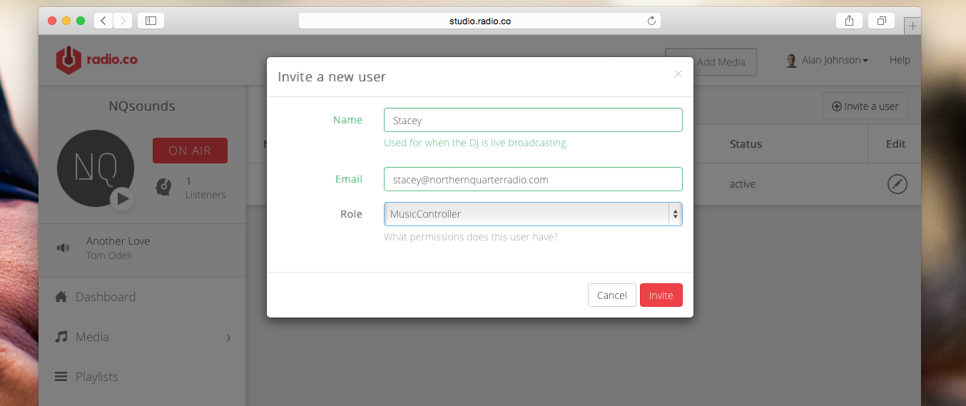 This is a screenshot of how inviting users to your station will appear. There is a white textbox with a greyed out black dashboard in the back.