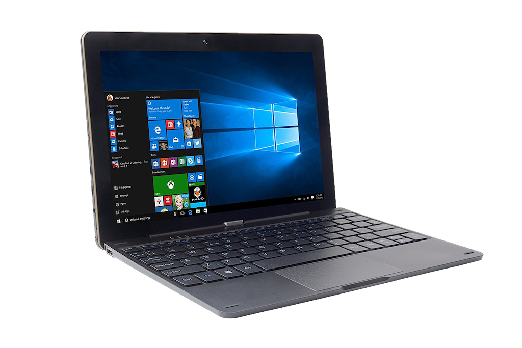 This is an image of a iOTA ONE Atom 2-in-1 Laptop against a plain white background. The laptop is grey, slim and black. The screen of the laptop has a generic Windows desktop; blue squares against a navy backdrop.