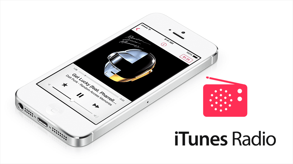 This is a white plain background with an iphone in the centre of the image. It has a 'Now Playing" of a song by Daft Punk. The iTunes Radio logo is next to it, coral pink and small of a radio, with the text iTunes Radio beneath.