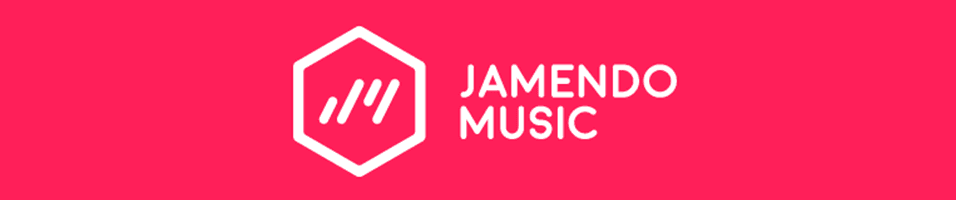 This is a pinky coral backdrop with a white hexagon in the centre, and the words JAMENDO MUSIC next to it