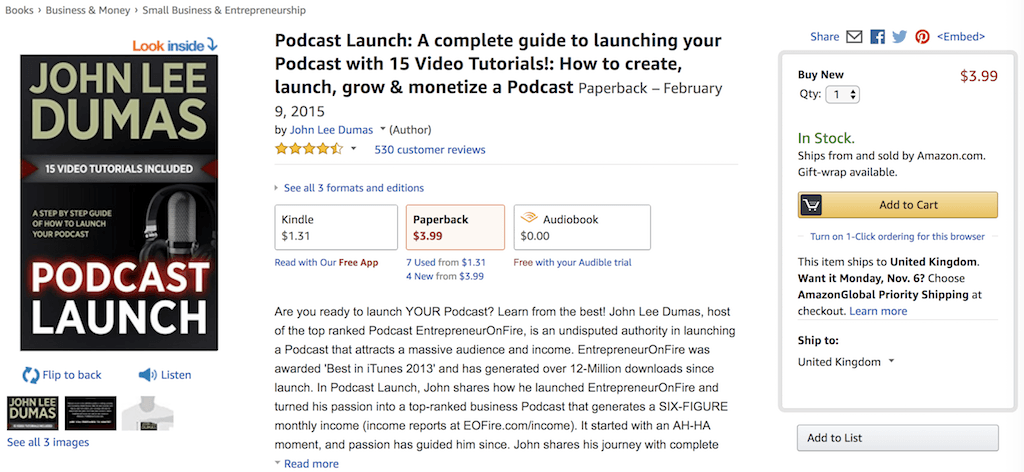 Image is a screenshot of the Amazon listing for the book "Podcast Launch" by John Lee Dumas.