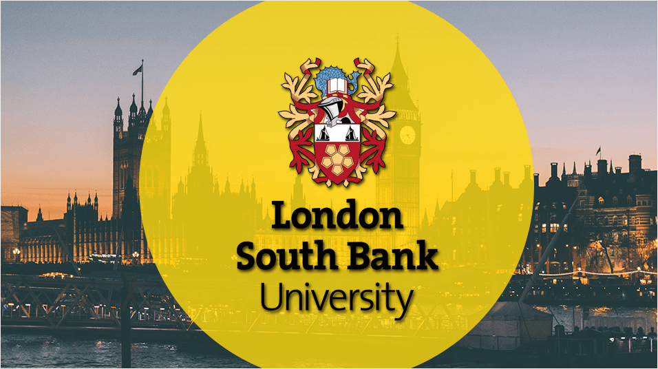 The backdrop of this image is a sunsetted houses of Parliament and London Bridge. The centre is a yellow circle containing South Bank University.