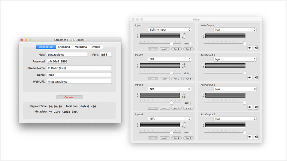 Against a white backdrop, there are two Ladiocast grey popups visible with black levels bars on the right hand side.