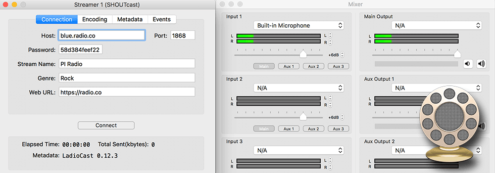 Image is 3 screenshots from the broadcasting software LadioCast.