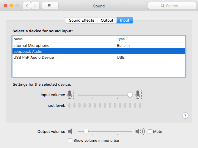 Image is a screenshot showing the sound settings on a Macbook with the device Loopback Audio selected as an Input.