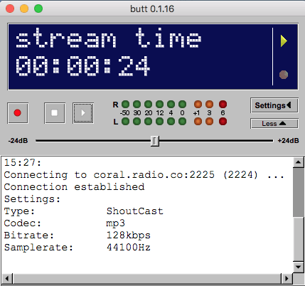 Image is a screenshot showing the BUTT main window when broadcasting live.