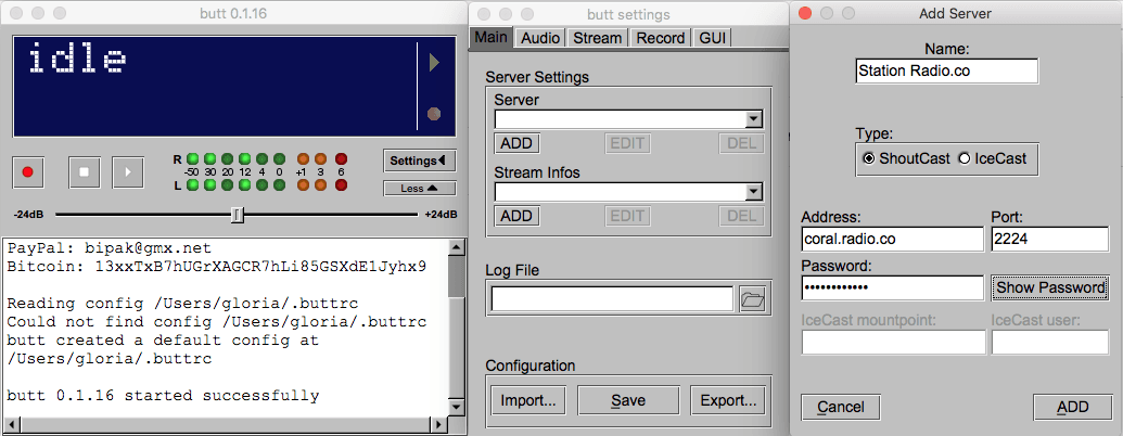 Image is three screenshots showing the BUTT main window, the BUTT settings window and the BUTT window for adding a server.