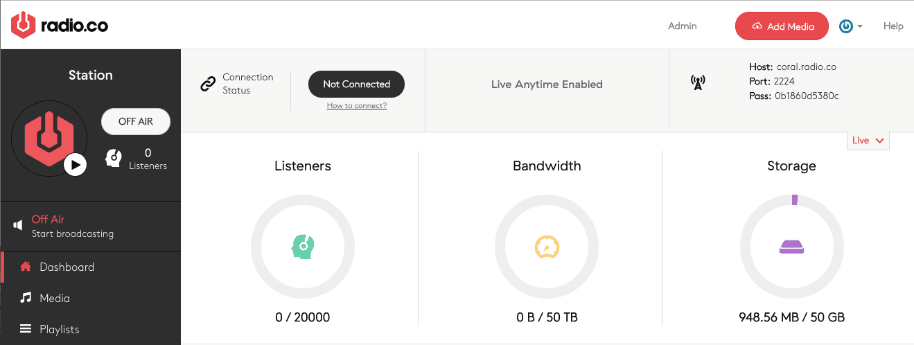 Image is a screenshot showing the Radio.co dashboard for a radio station.