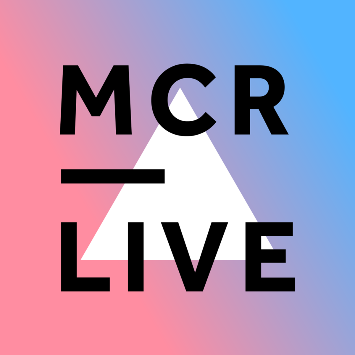 This is an image of the MCR Live Logo. It is a pink and blue blurred backdrop. The words MCR LIVE are in the centre in black capitals, and overlayed over a white triangle.