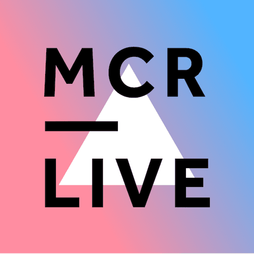 Image is the logo for MCR Live, showing a pink and blue gradient background, black font that reads: MCR LIVE and a white triangle behind the font.