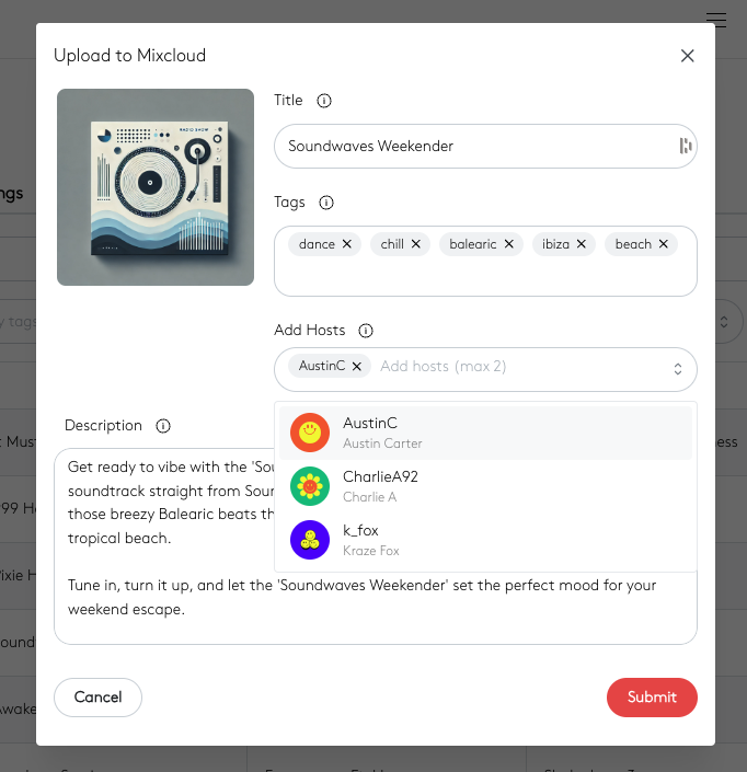 Image shows the 'Upload to Mixcloud' window in the Radio.co dashboard, including the option to tag hosts.