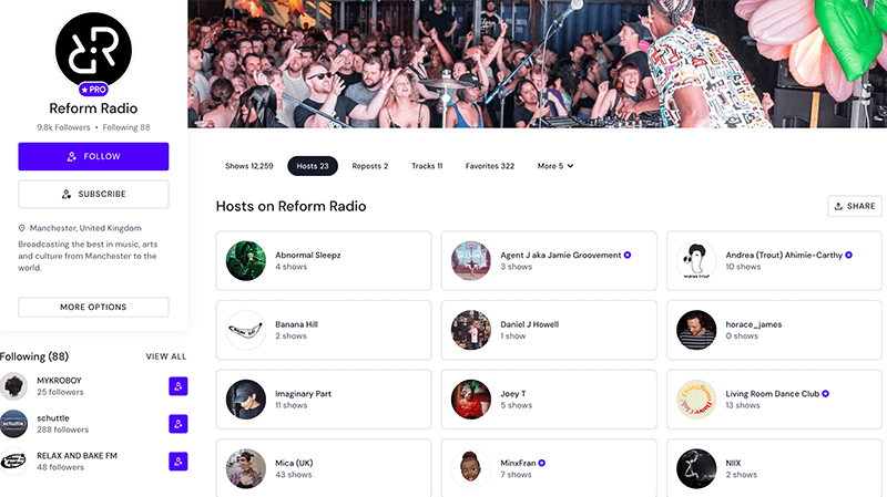 Image is a screenshot of Reform Radio's Mixcloud profile, with the hosts tab selected.
