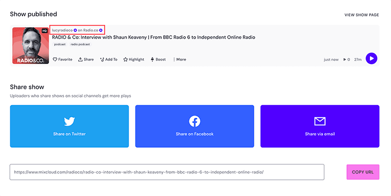 Image shows a published radio show on Mixcloud, with the host highlighted by a red square.