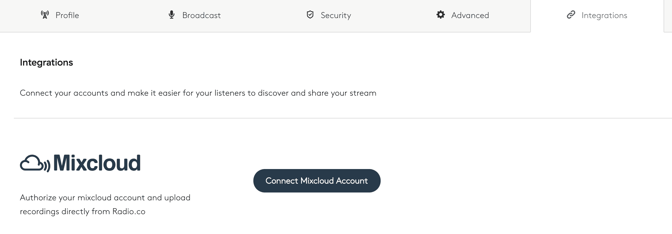 Image shows the Mixcloud option on the integrations tab in the Radio.co dashboard.