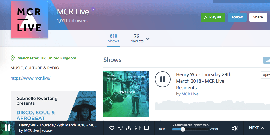 Image shows the Mixcloud page for the radio station MCR Live. There is a persistent radio player as a banner at the bottom of the screen.