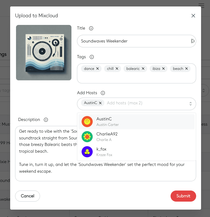 Image shows the Upload To Mixcloud window in the Radio.co dashboard.