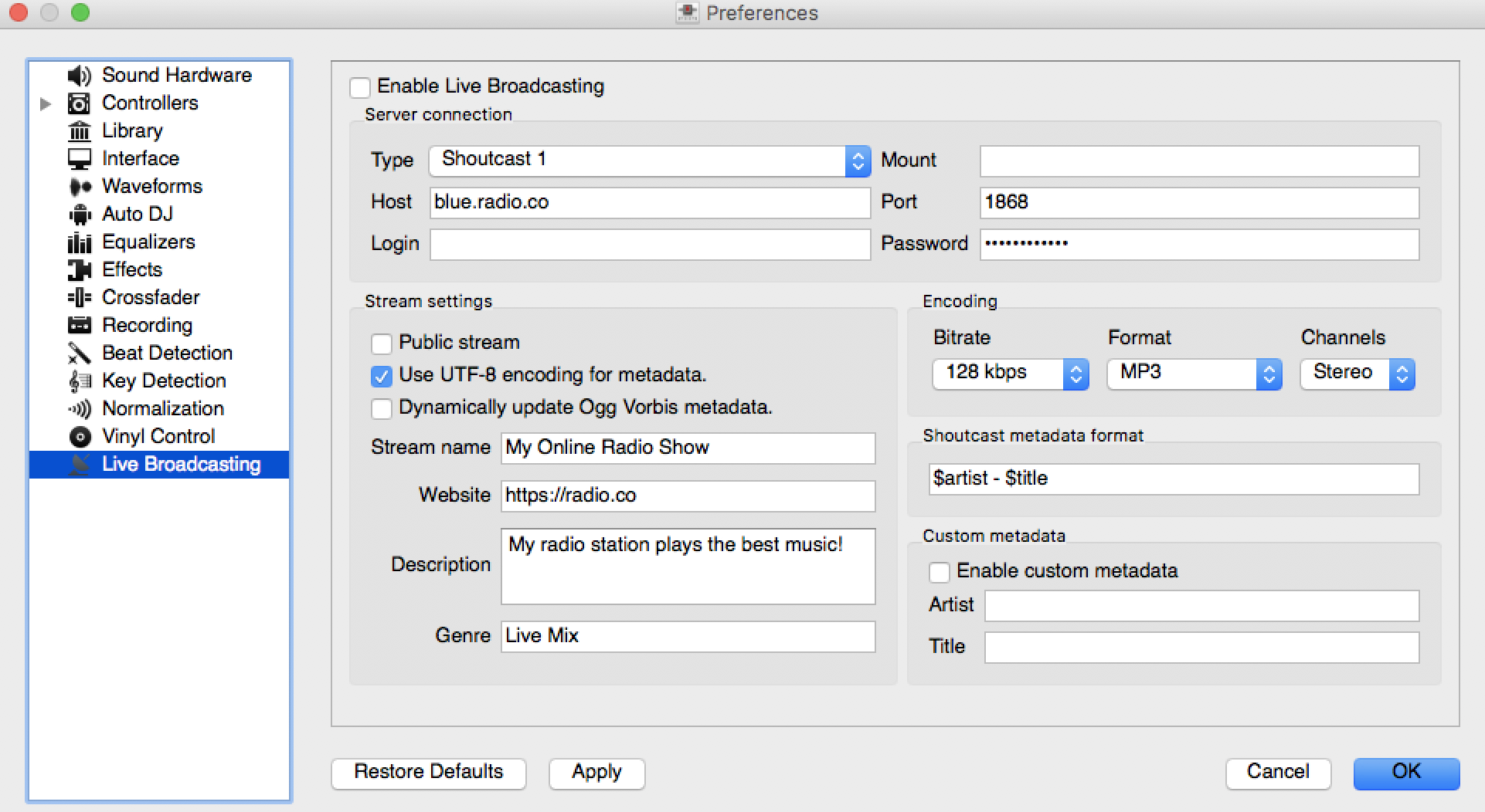 This is a grey and white screenshot of the Mixxx Broadcast Settings, a list of white boxes with editing options