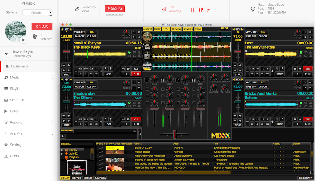 This is a black and yellow screenshot of the Mixxx Broadcasting page. On the left is a list of editing options.
