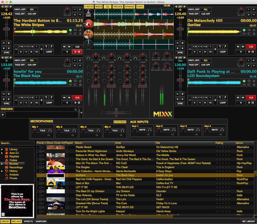 This is a black and yellow screenshot of the displayed Mixxx Features, with sound levels and scrubbers visible, as well as lists of songs.