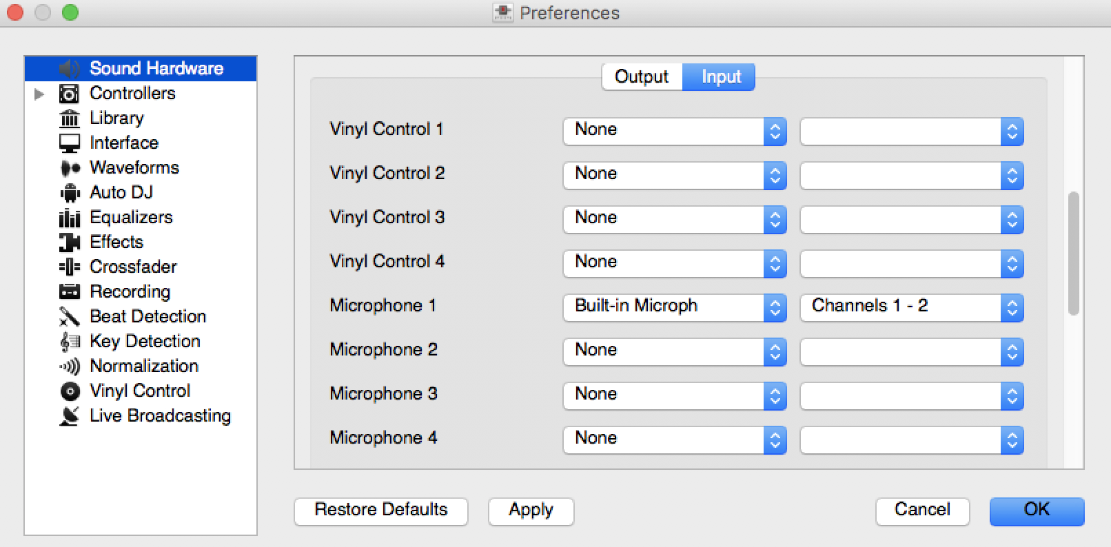 This is a grey and white popup of Mixxx Input Microphones, with a list of text boxes visible