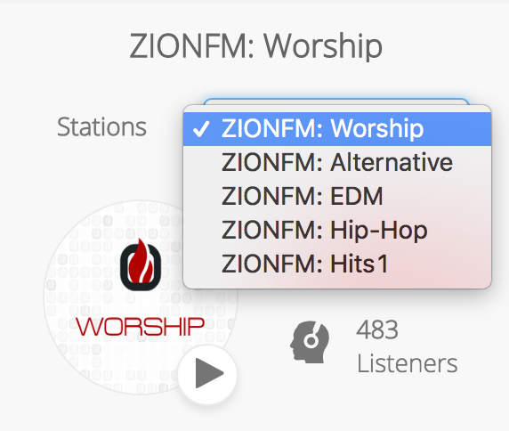 This is a screenshot of the list of ZIONFM stations: Worship, Alternative, EDM, High-Hop and Hits1