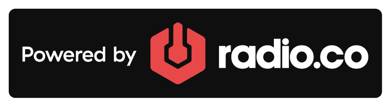 Image shows a dark-themed Radio.co branded badge that reads "Powered by radio.co"