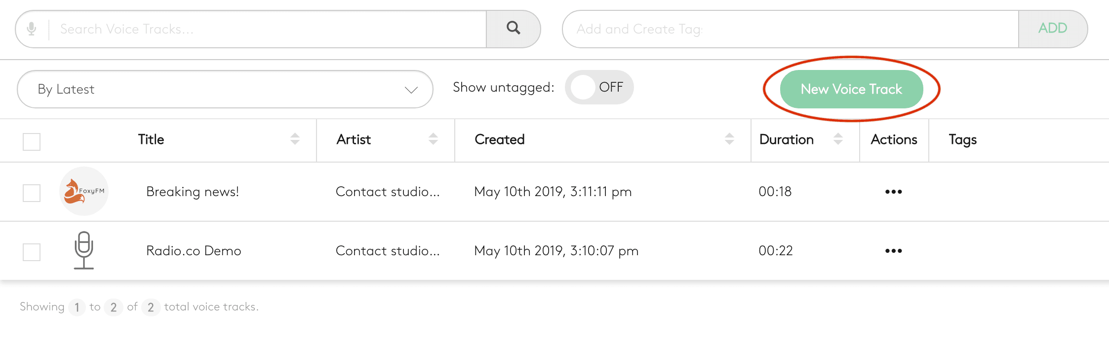 Image is a screenshot from the Radio.co dashboard, showing the voice tracking feature.